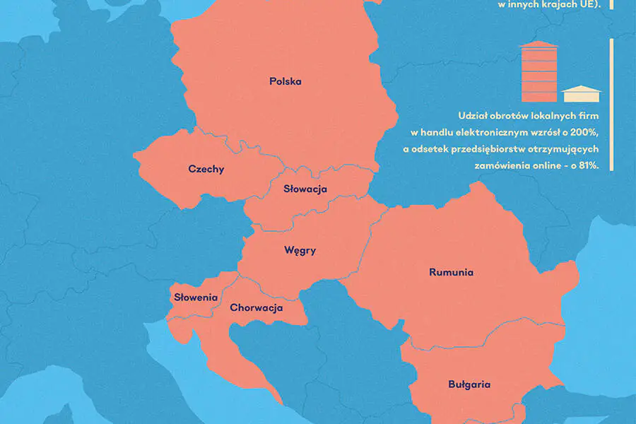 Mapa przedstawiająca część Europy na fragmencie infografiki kreującej wizerunek firmy PayPal